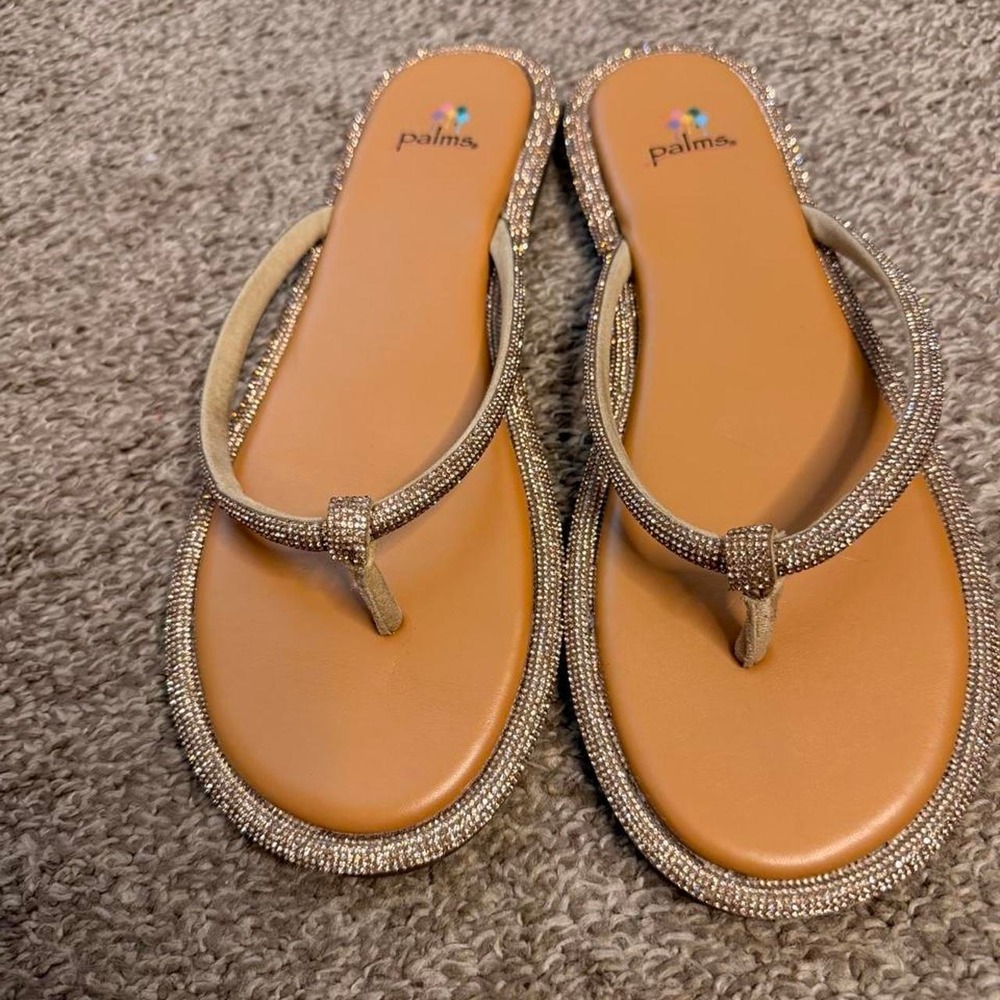 Palms Womens Rhinestone Flip Flop Sandals Tan Gold Sparkle Thong Flat Size 10M